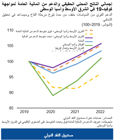 إجمالي الناتج المحلي الحقيقي والدعم من المالية العامة لمواجهة كوفيد-19 في الشرق الأوسط وآسيا الوسطى