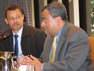 Vasuki Shastry, Chief of Public Affairs at the IMF, and Malcolm Damon, Director of the Economic Justice Network of FOCCISA, South Africa, at the IMF-World Bank meeting with the Ecumenical Advocacy Alliance (photo courtesy of EAA)