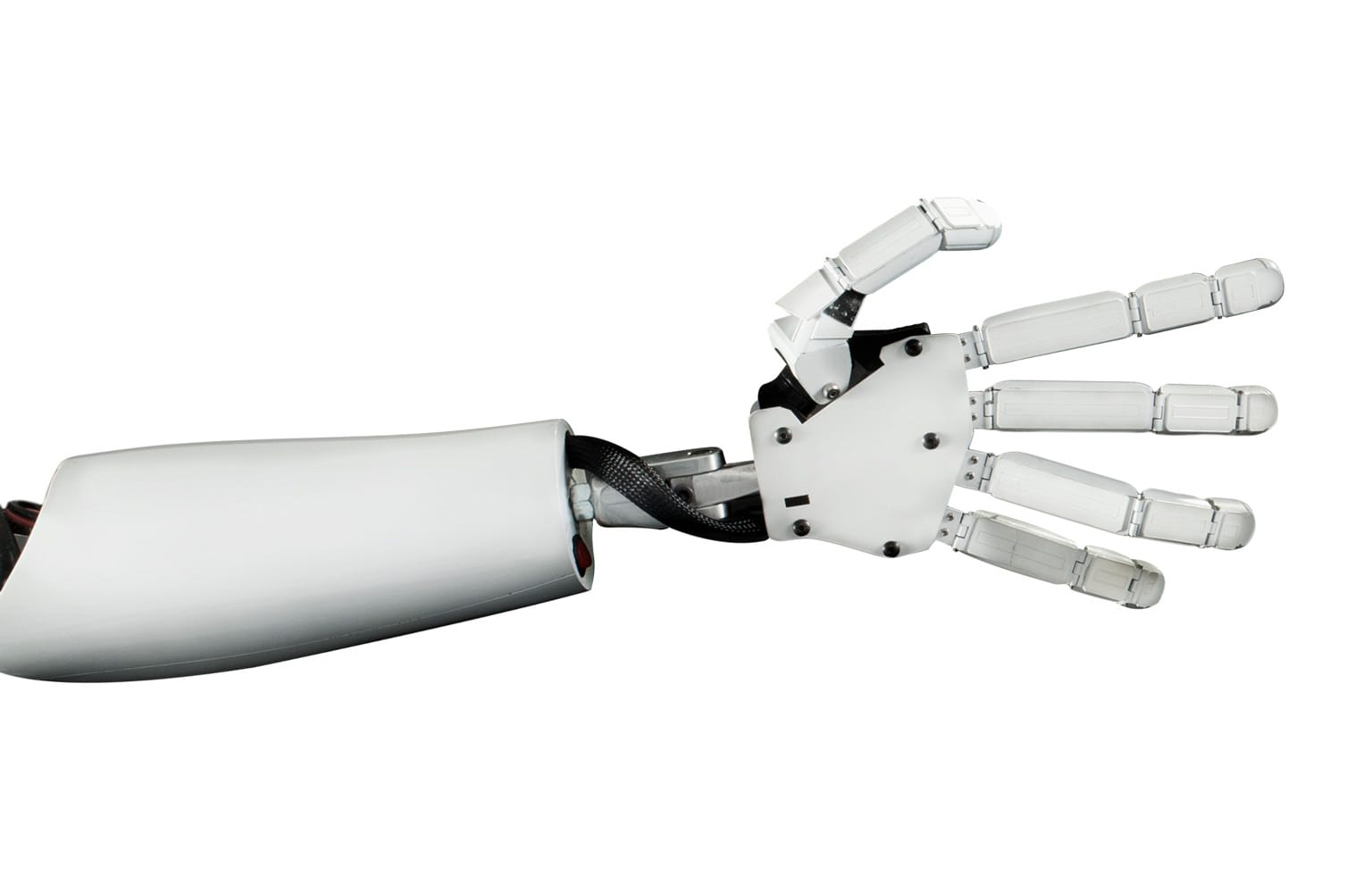 A sleek, white robot arm outstretched with an open hand