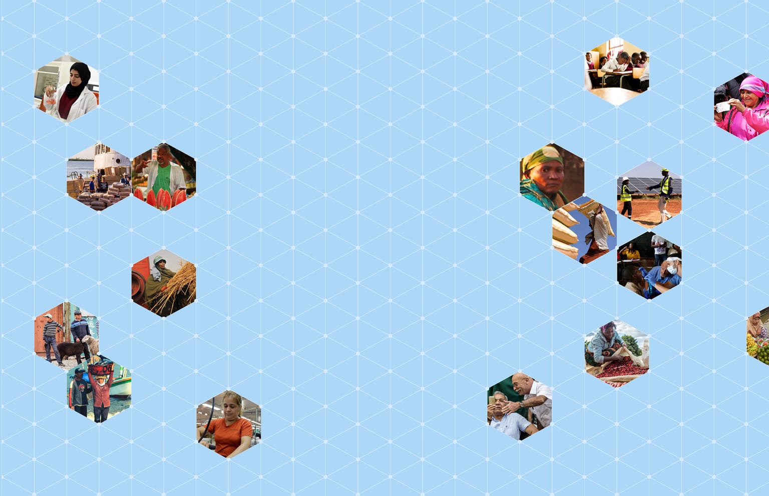 Collage showing many small images of a diverse range of people, interconnected on a geometric grid