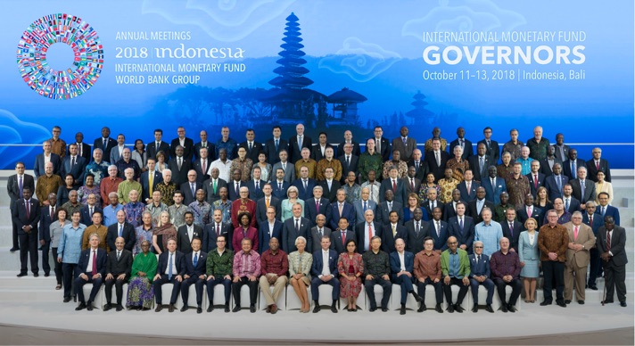 IMF Managing Director Christine Lagarde, finance ministers, and the Board of Governors pose for a group photo at the Bali Nusa Dua Convention Centre at the 2018 IMF–World Bank Annual Meetings in Bali, Indonesia