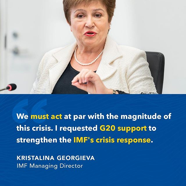 Photo by International Monetary Fund in Riyadh, Saudi Arabia. Image may contain: 1 person, text that says 'We must act act at par with the magnitude of this crisis. I requested G20 support to strengthen the IMF's crisis response. KRISTALINA GEORGIEVA IMF Managing Managing Director'. IMF Managing Director @Kristalina.Georgieva told #G20 Leaders today that the economic challenge posed by #COVID19 is enormous. ⁠“Emerging market and developing economies are particularly hard hit. An exceptionally large number of countries are requesting IMF emergency financing. We have $1 trillion capacity to place at their defense, working with our partner International Financial Institutions.” ⁠She requested G20 support to strengthen the IMF’s crisis response to:⁠ ✔️ Double our emergency financing⁠ ✔️ Boost global liquidity through a sizeable SDR allocation⁠ ✔️ Expand the use of swap-type facilities⁠ ✔️ Help support action of official bilateral creditors to ease the debt burden of poorest countries⁠Click on the link in bio to read the full statement.