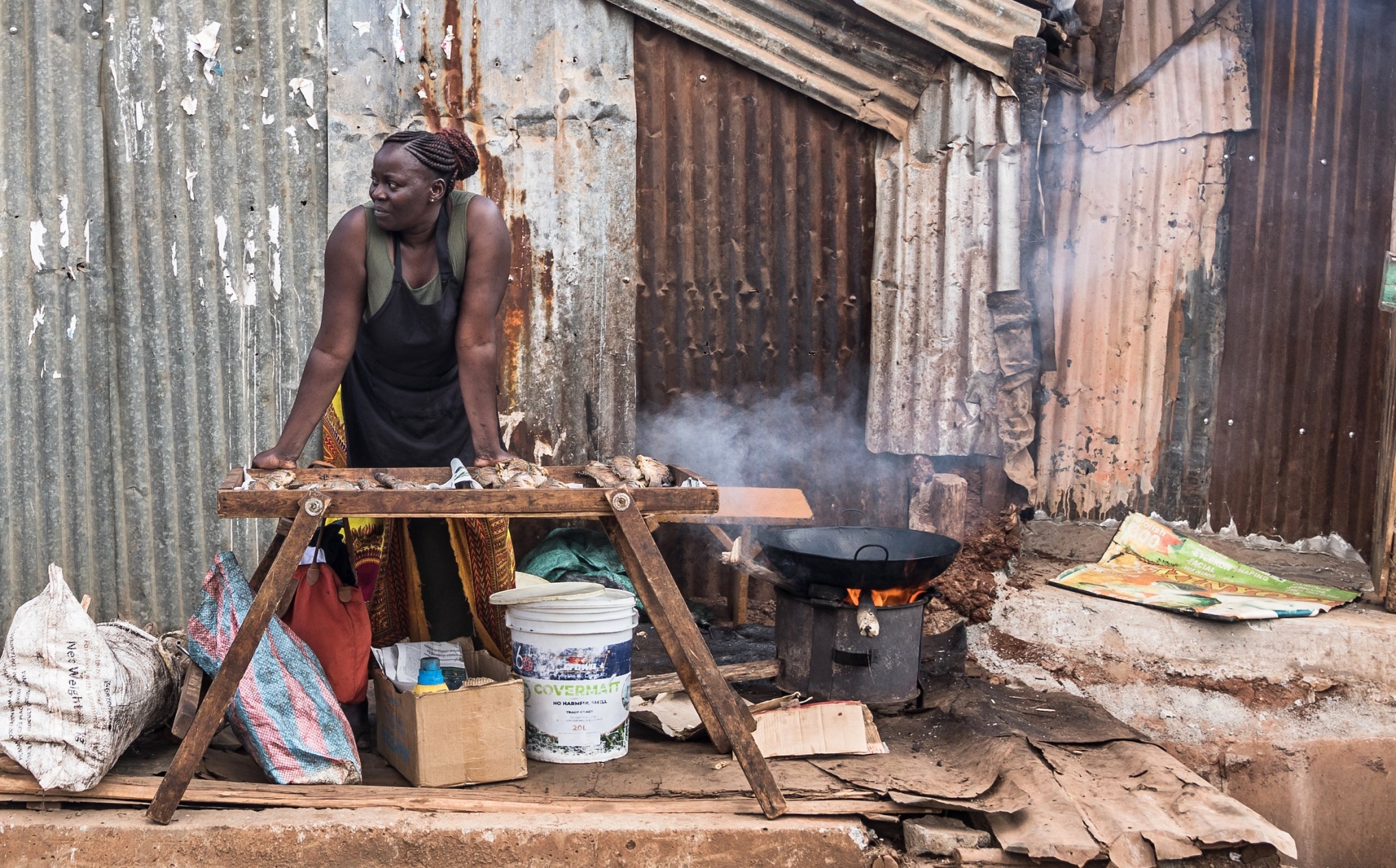 Woman cooking and selling fish in Nairobi, Kenya