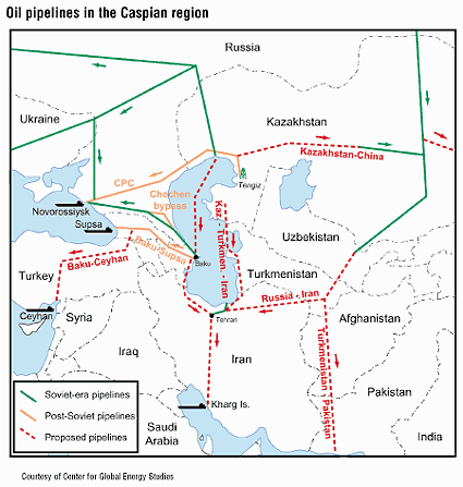 Map: Oil pipelines in the Caspian region