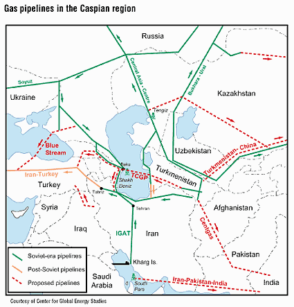 Map: Gas pipelines in the Caspian region