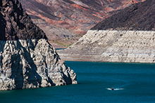 Severe drought leaves mineral deposits on canyon walls, Lake Mead, Nevada, United States.