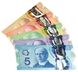 Canadian polymer bills: Canada released the $100 note in November 2011, the $50 in March 2012, the $20 in November 2012, and the $10 and $5 bills in November 2013.