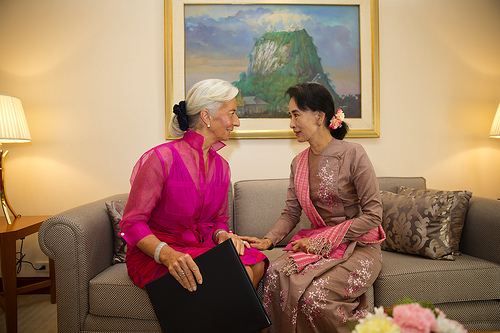 International Monetary Fund Managing Director Christine Lagarde (L) meets with Daw Aung San Suu Kyi (R) meet privately prior to a breakfast meeting at the Chatrium Hotel December 7, 2013 in Yangon, Myanmar. Lagarde is on a three country visit to Asia. IMF Photograph/Stephen Jaffe