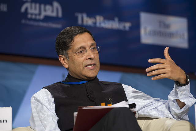 Arvind Subramanian, Chief Economic Advisor to the Indian Government, speaks during the seminar The New Global Trade Landscape: Challenges and Opportunities during the 2015 IMF/World Bank Spring Meetings on Friday, April 17 in Washington, D.C. IMF Photo/Ryan Rayburn